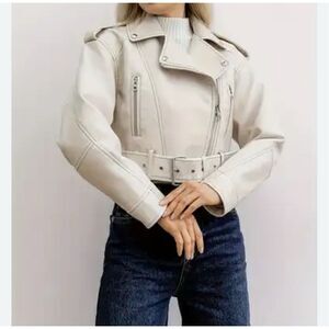 Zara Viral Cropped Faux Leather Moto Jacket Cream Size S NWT